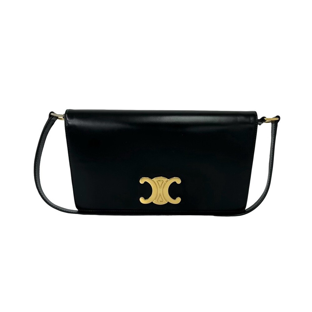 CELINE Triomphe Logo Hardware Calfskin Leather One Shoulder Bag Handbag Black...